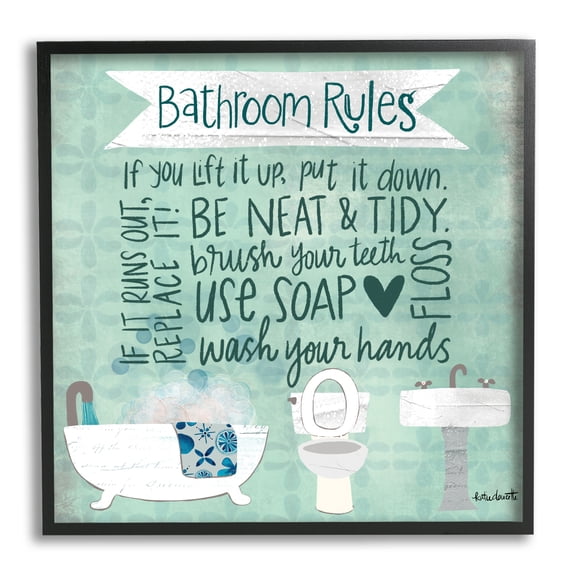 Aqua Blue Bathroom Rules Collage Look Typography Typography Framed Art Print Wall Art, 17x17