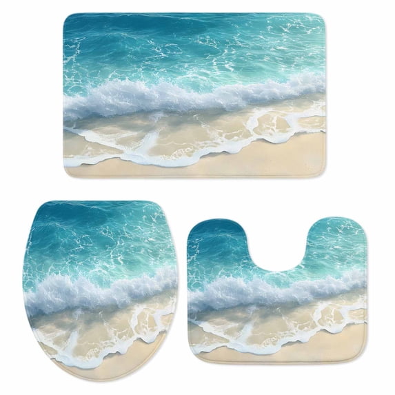 Aqua Blue Beach Bath Mat 3 Piece Bathroom Rug Set, Coastal Seawaves Sand Shore Scenery Non Slip Bath Rug Contour Mat and Toilet Lid Cover, Absorbent Shower Mats Soft Bath Rugs and Mats Sets