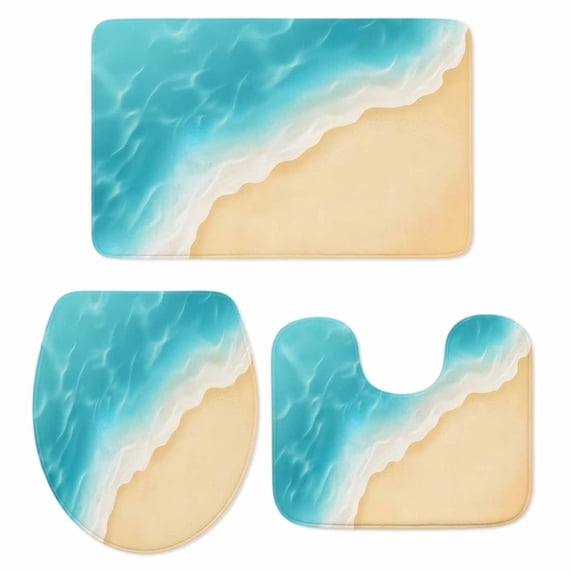 Aqua Blue Beach Bath Mat 3 Piece Bathroom Rug Set, Summer Seaside Ombre Non Slip Bath Rug Contour Mat and Toilet Lid Cover, Absorbent Shower Mats Soft Bath Rugs and Mats Sets