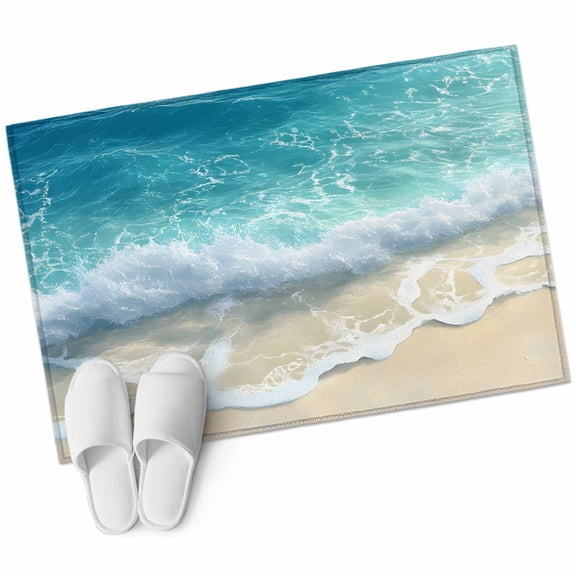 Aqua Blue Beach Bathroom Mat 2x3 FT, Non Slip Small Kitchen Mat, Coastal Seawaves Sand Shore Scenery Washable Soft Backed Front Door Throw Rug Non-Shedding Indoor Outdoor Doormat for Entryway Sink