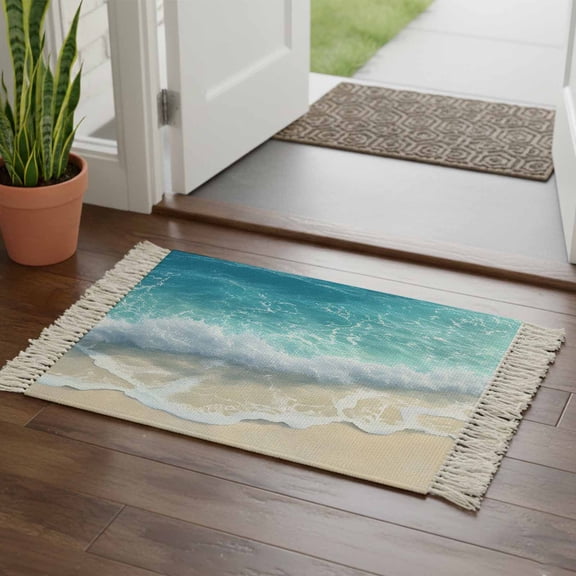 Aqua Blue Beach Bathroom Rug 2'x3', Coastal Seawaves Sand Shore Scenery Low Profile Front Entryway Rug with Tassels, Woven Cotton Washable Kitchen Mat Carpet for Foyer Bedroom Back Door Decor