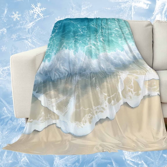 Aqua Blue Beach Cooling Blanket for Hot Sleepers, Soft Breathable Cool Summer Blanket for Night Sweats, Coastal Seawaves Sand Shore Scenery Lightweight Ice Silk Sofa Throw Blankets All Season 30"x40"