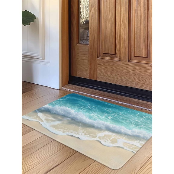 Aqua Blue Beach Door Mat&nbsp;Indoor Outdoor Entrance, Non Slip Small Rug for Kitchen Bathroom Entryway Rug, Coastal Seawaves Sand Shore Scenery Washable Doormat Floor Mat for Office 16x24 Inch