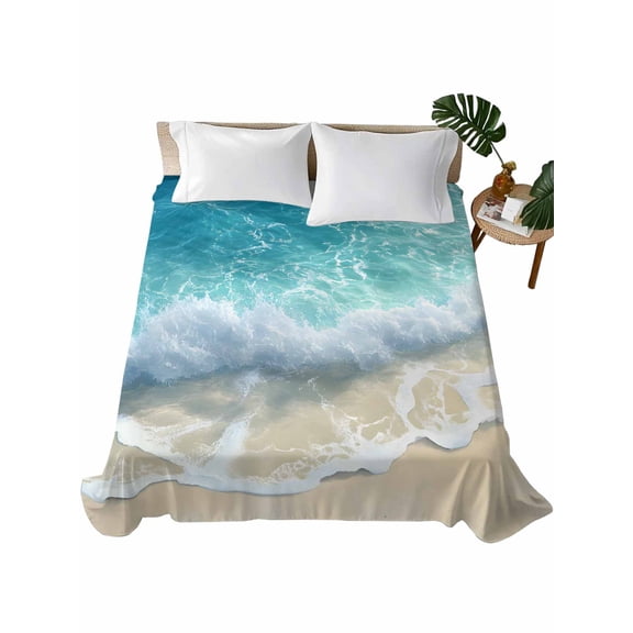 Aqua Blue Beach Flat Sheets Only King Size, Soft Breathable Bed Top Sheets for Mattress, Coastal Seawaves Sand Shore Scenery Luxury Bedding Flat Sheets for Home Hotel Bedroom Bed Protection
