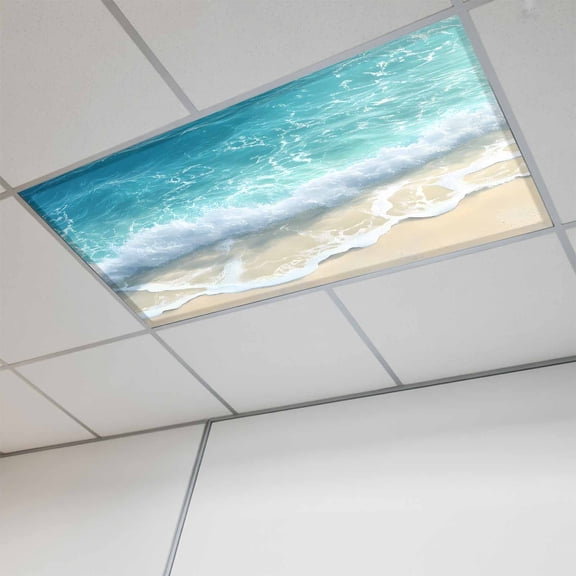 Aqua Blue Beach Fluorescent Light Covers, Coastal Seawaves Sand Shore Scenery Magnetic Light Covers for Ceiling Lights, Fluorescent Ceiling Shade Filters for Classroom Bedroom Office 4x2Ft x 1PCS