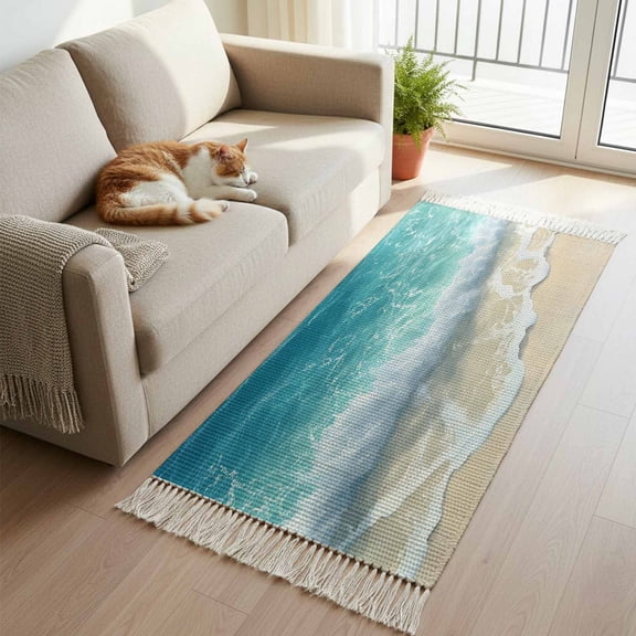 Aqua Blue Beach Hallway Runner Rug 2'x5', Coastal Seawaves Sand Shore Scenery Washable Kitchen Runner Rug with Tassels, Laundry Room Rugs Woven Cotton Carpet for Bedroom Entryway Front Door