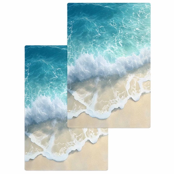 Aqua Blue Beach Hand Towels Set, Waffle Weave Kitchen Towels 2 Pieces, Coastal Seawaves Sand Shore Scenery Microfiber Hair Face Bath Tea Towel Absorbent Quick Drying Cleaning Dish Cloths 15.7"x23.6"