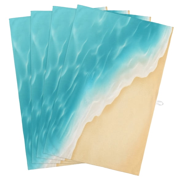 Aqua Blue Beach Kitchen Towels, Absorbent Microfiber Kitchen Dish Hand Tea Bath Towel, Summer Seaside Ombre Quick Dry Cleaning Cloth Dishclothes Decorative Sets, (4-PC, 18x28)