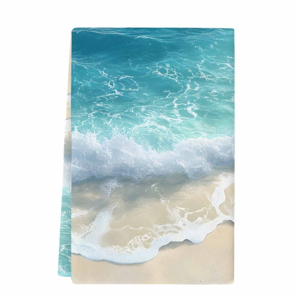 Aqua Blue Beach Kitchen Towels Set of 1, Absorbent Microfiber Dish Tea Towels with Hanging Loop, Coastal Seawaves Sand Shore Scenery Resuable Hand Towel for Home Kitchen Cooking Cleaning 18"x28"