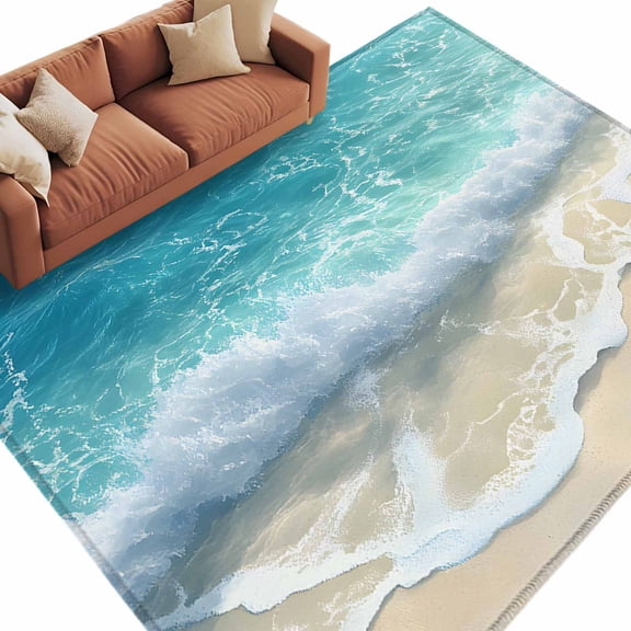Aqua Blue Beach Large Area Rugs for Bedroom Living Room, Soft Non Slip Carpet Bedside Rug, Coastal Seawaves Sand Shore Scenery Rectangular Floor Cover Kitchen Accent Rug 5'x8' for Dining Room/Office