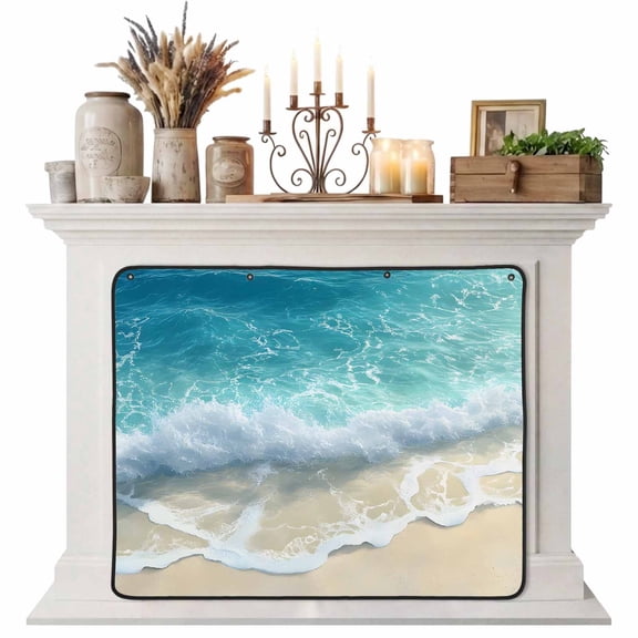 Aqua Blue Beach Magnetic Fireplace Cover, Fireplace Draft Blocker, Coastal Seawaves Sand Shore Scenery Fireplaces Blanket for Heat Loss/Cold Air, Fireplaces Draft Stopper Cover for Inside 51"x39"