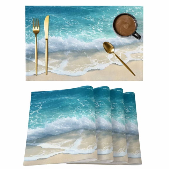 Aqua Blue Beach Placemats Set of 2, Cotton Linen Fabric Place Mats, Coastal Seawaves Sand Shore Scenery Washable Decorative Table Mats Protector for Home Kitchen Dining Wedding Party Coffee Tables