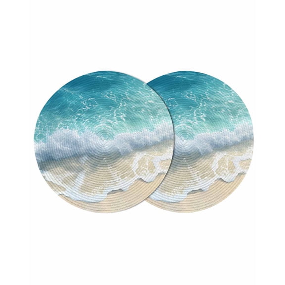 Aqua Blue Beach Round 13 Inch Placemats Set of 2, Coastal Seawaves Sand Shore Scenery HeatResistant Non Slip Place Mats for Dining Table, Wipeable Braided Kitchen Table Mats for Housewarming