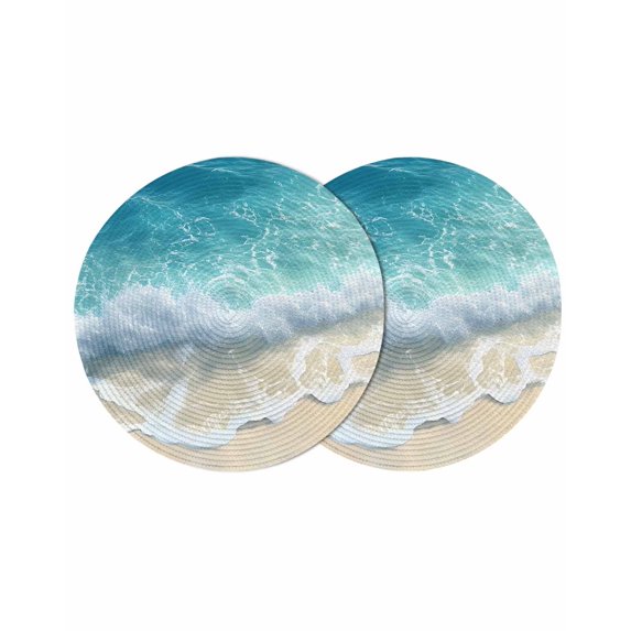 Aqua Blue Beach Round 15 Inch Placemats Set of 2, Coastal Seawaves Sand Shore Scenery HeatResistant Non Slip Place Mats for Dining Table, Wipeable Braided Kitchen Table Mats for Housewarming