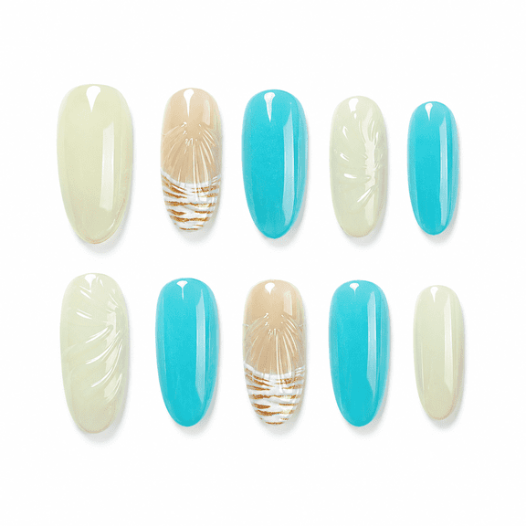 Aqua Blue Beach Shell Press on Nails, Medium Almond Glossy False Nails, 30 Count
