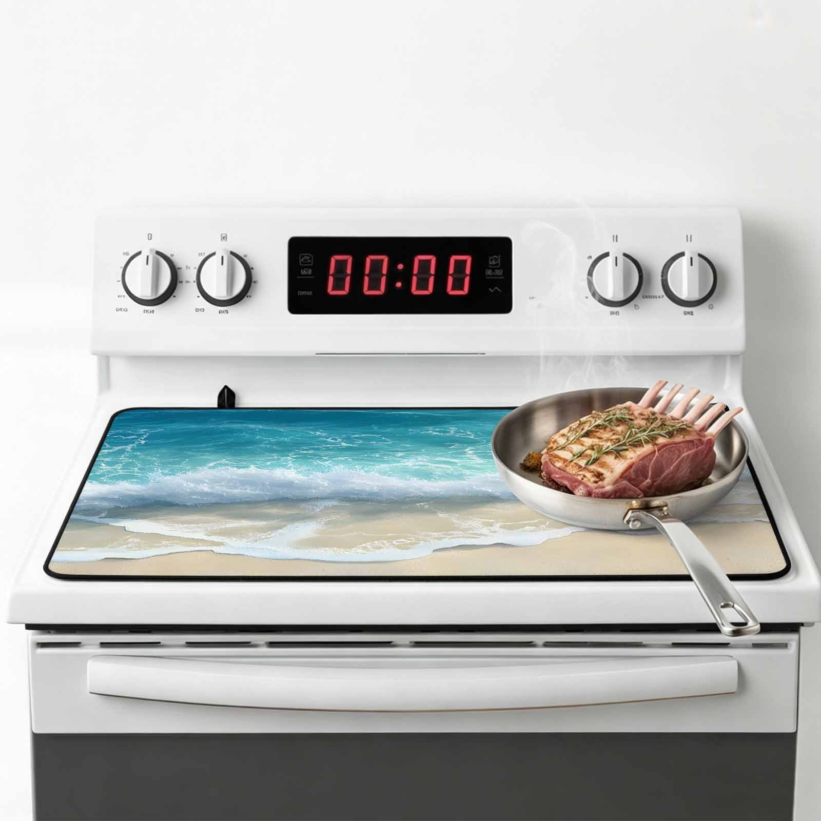 Aqua Blue Beach Stove Top Cover for Electric Stove, Heat-proof & Non Slip Glass Top Stove Cover Protector, Coastal Seawaves Sand Shore Scenery Kitchen Flat Cooktop Rubber Mat 24x21 Inches