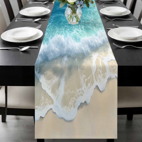 Aqua Blue Beach Table Runner 60 Inches Long, Coastal Seawaves Sand Shore Scenery Kitchen Coffee Dining Table Decoration for Home Party Birthday Wedding Home Decor 13x60 Inches