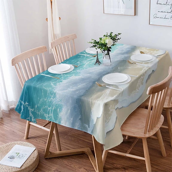 Aqua Blue Beach Tablecloth Rectangle Table Cloth 52x70 , Waterproof Tablecloth Outdoor Table Cloth, Coastal Seawaves Sand Shore Scenery Washable Table Cover for Kitchen Dining Party