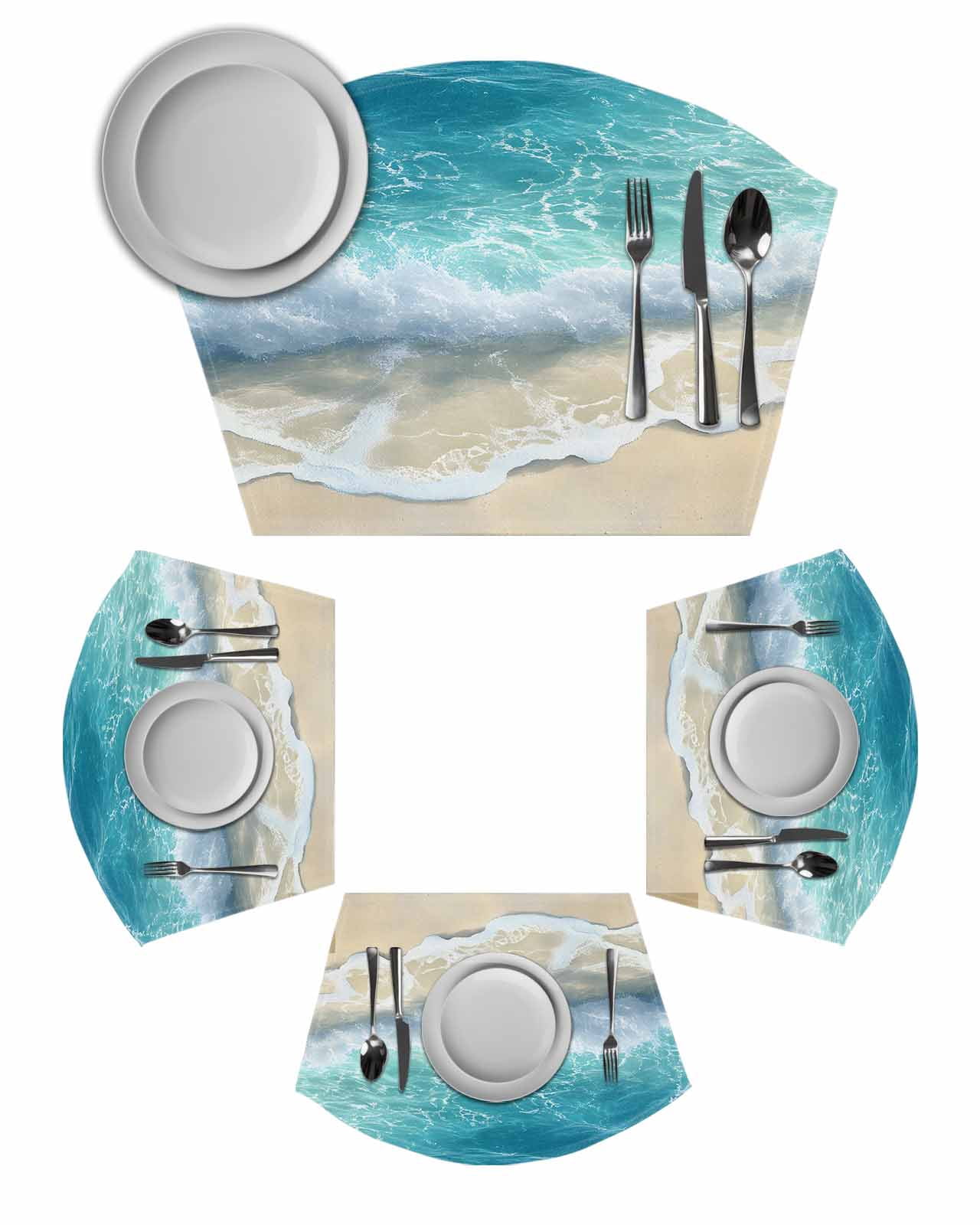 Aqua Blue Beach Wedge Shaped Placemats Set of 4, Cotton Linen Fan Place ...
