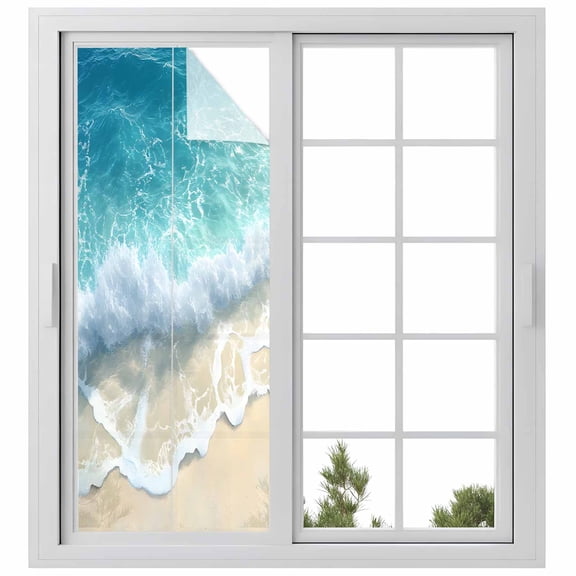 Aqua Blue Beach Window Privacy Film, Coastal Seawaves Sand Shore Scenery Static Cling UV Sun Blocking Heat Control Window Tint Day and Night, Non-Adhesive One Way Windows Privacy Cover 23.6''x59''