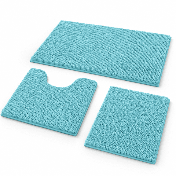 Aqua Blue Chenille Bathroom Rugs Set Of 3 Non Slip Bath Mat