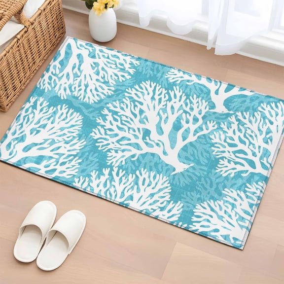 Aqua Blue Coral 2'x3' Rug for Entryway Front Door Kitchen Sink Area, Coastal Ocean Beach Summer Nautical Modern Low Pile Washable Non Slip Rectangle Area Rug