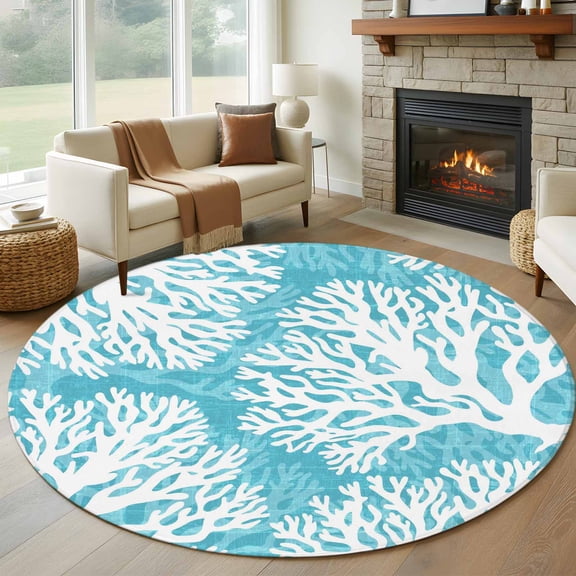 Aqua Blue Coral 8' Round Rug for Open Concept Living Room Seating Zone, Coastal Ocean Beach Summer Nautical Modern Washable Non Slip Large Circle Area Rug