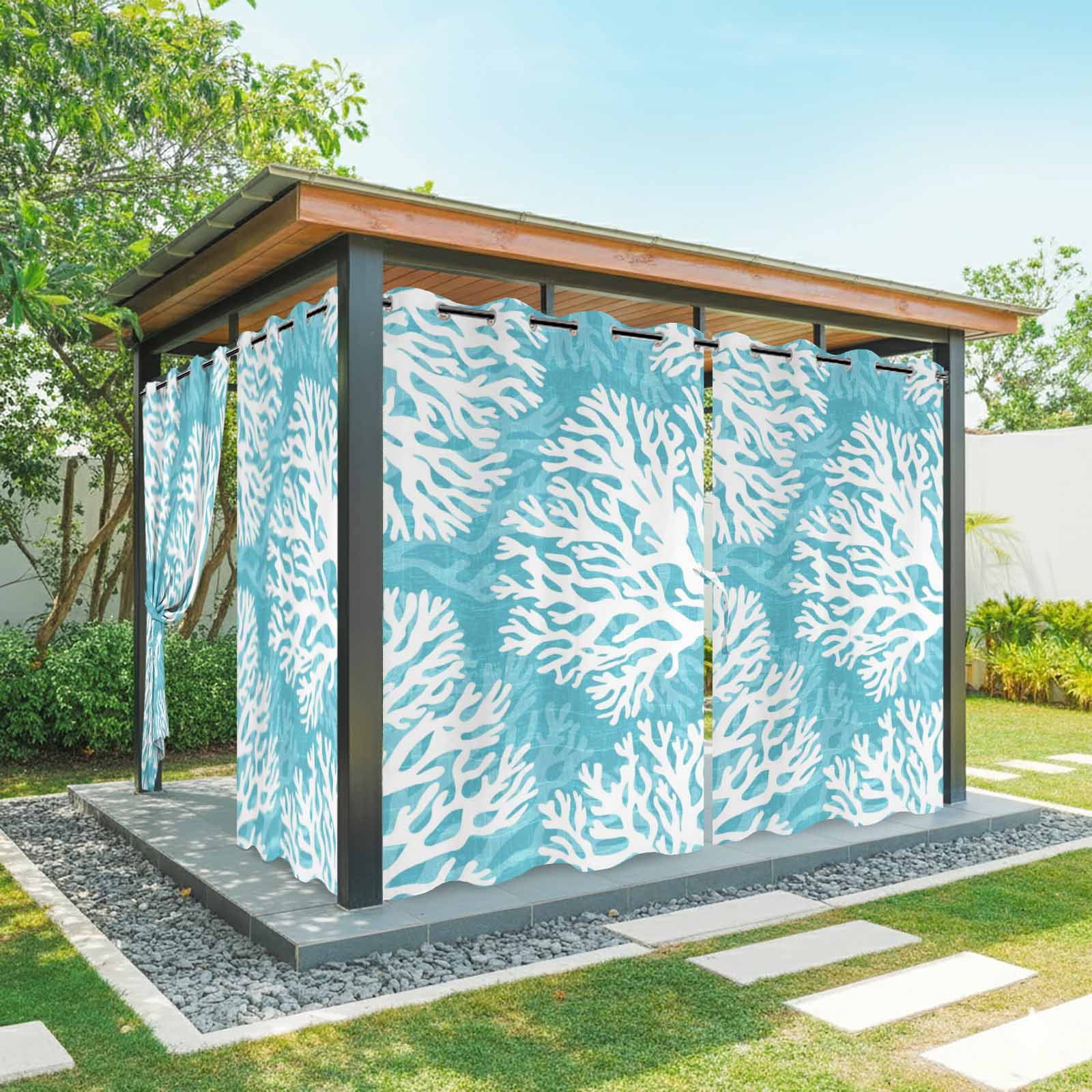 Aqua Blue Coral Outdoor Curtains for Patio, Coastal Ocean Beach Summer Nautical Modern Sunshade Privacy Drapes Grommet Waterproof Outside Curtains for Porch/Cabana/Balcony 54"x 108", 1 Panel