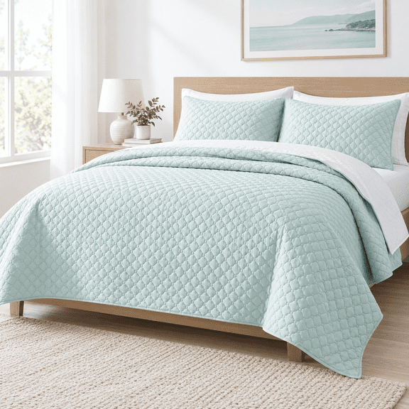 Aqua Blue Full/Queen Ultra-Soft Lightweight Summer Quilt Set with Cloud Pattern