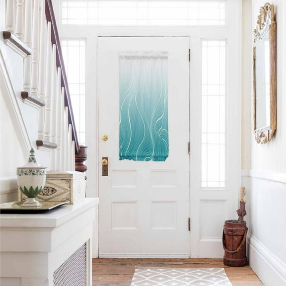 Aqua Blue Geometric Door Curtains for Door Window, French Sidelight Front Back Door Curtains With Tieback, Modern White Stripe Distortion Art Kitchen Rod Pocket Drapes Panel, 25"x40"