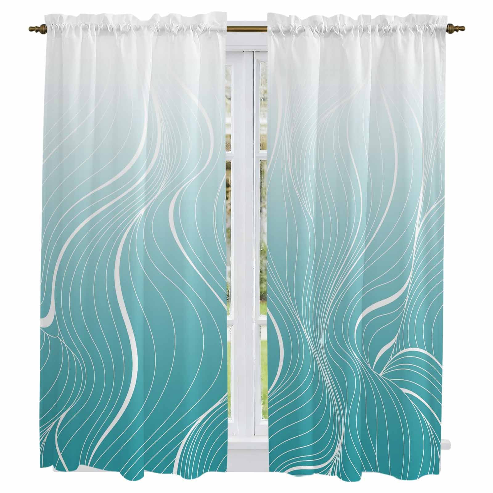 Visual Reference: Aqua Blue Geometric Kitchen Curtains Modern White Stripe Distortion