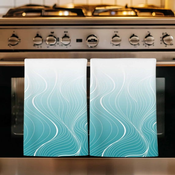 Aqua Blue Geometric Kitchen Towels Set of 3, Modern White Stripe Distortion Art Absorbent Dish Towels for Kitchen, Microfiber Hand Towel, Quick Drying Tea Towel for Cleaning Decorative Dishcloths
