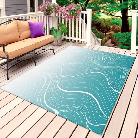 Aqua Blue Geometric Outdoor Rug for Patio/Deck/Porch, Non-Slip Large Area Rug 3 x 5 Ft, Modern White Stripe Distortion Art Indoor Outdoor Rugs Washable Area Rugs, Reversible Camping Rug Carpet Runner