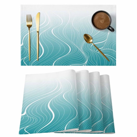 Aqua Blue Geometric Placemats Set of 6, Modern White Stripe Distortion Art Placemats for Dining Table, Place Mats for Kitchen Tabletop, Waterproof Wipeable Dining Table Mats Set