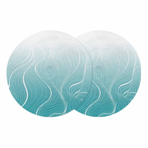 Aqua Blue Geometric Round 13 Inch Placemats Set of 2, Modern White Stripe Distortion Art HeatResistant Non Slip Place Mats for Dining Table, Wipeable Braided Kitchen Table Mats for Housewarming