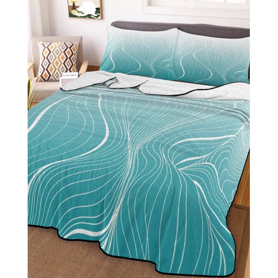 Aqua Blue Geometric Twin Size Down Alternative Comforter, Lightweight Comforter Quilt Bedding Set with Pillow Shams Modern White Stripe Distortion Art All Seasons Bed Comforter Duvet Insert 68"x86"