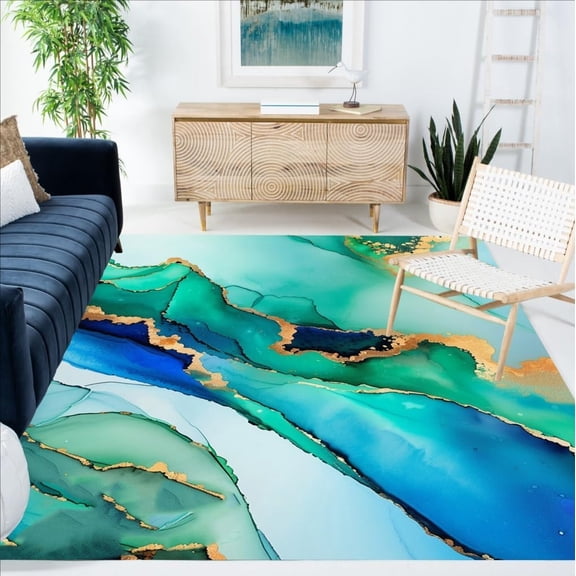 Aqua Blue Gold Marble Texture Modern Rug For Living Room Diningroom Bedroom Area Rug Contemporary Abstract Hallway Kitchen Bathroom Laundry Room Washable Carpet Mat 2x3ft