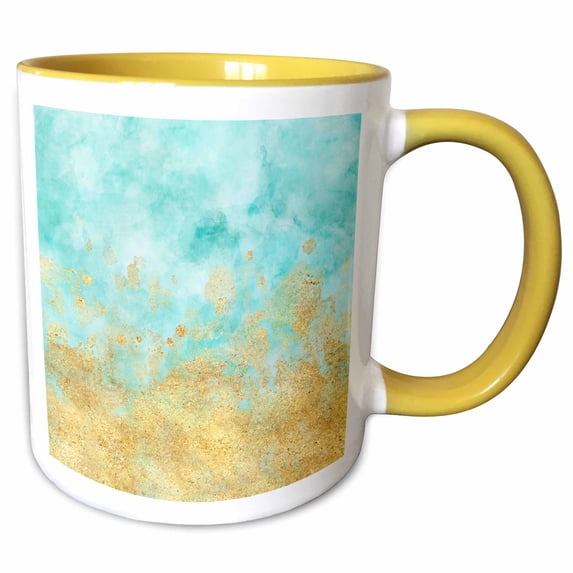 3drose, Aqua Blue Gold Watercolor Glam, 15oz Two-tone Yellow Mug