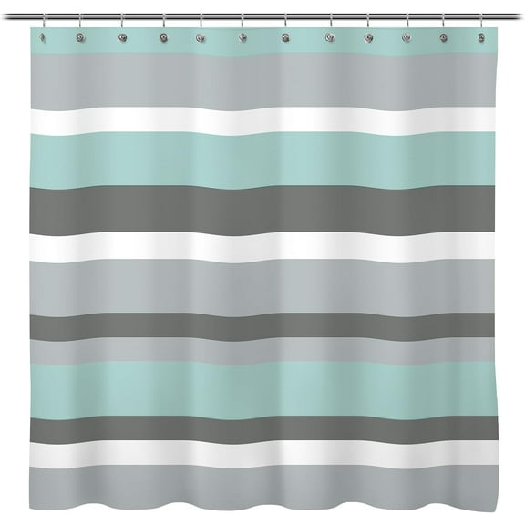 Aqua Blue Gray Horizontal Stripes Water-Repellent Fabric Shower Curtain with Reinforced Metal Grommets Refreshing Striped Design Bathroom Decor