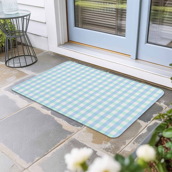 Aqua Blue Green Door Mat Indoor Outdoor,Checkered Plaid Gingham Lattice Trellis Non Slip Welcome Mat with Rubber Backing,Absorbent Fabric Front Door Mats Entryway Rug for Home Patio Entrance 16"x24"