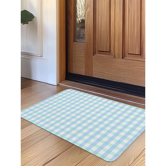 Aqua Blue Green Door Mat Indoor Outdoor Entrance, Non Slip Rug for Kitchen Bathroom Entryway Rug, Checkered Plaid Gingham Lattice Trellis Washable Doormat Floor Mat 20x31.5 Inch