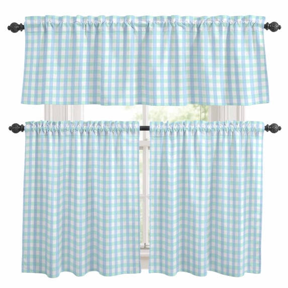 Aqua Blue Green Kitchen Curtains,Kitchen Curtains and Valances Set of 3,Checkered Plaid Gingham Lattice Trellis Light Filtering Tier Curtain 36 Inch Length Drapes for RV Cafe Bathroom Bedroom