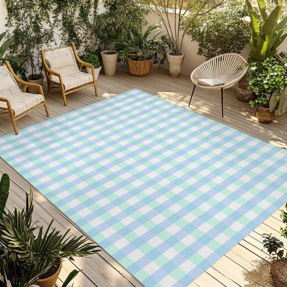 Aqua Blue Green Outdoor Rug 5x8 Ft - Reversible Patio Rug Outdoor Camping Rugs, Checkered Plaid Gingham Lattice Trellis Indoor Outdoor Area Rugs, Non-Slip Outdoor Carpet Runner for Deck/Porch