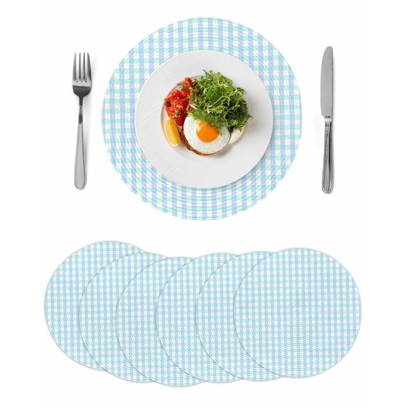 Aqua Blue Green Round 15 Inch Placemats Set of 6, Checkered Plaid Gingham Lattice Trellis HeatResistant Non Slip Place Mats for Dining Table, Wipeable Braided Kitchen Table Mats for Housewarming