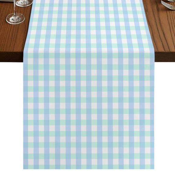 Aqua Blue Green Table Runner 120 Inches Long, Cotton Linen Table Runner Dresser Scarf, Checkered Plaid Gingham Lattice Trellis Fabric Tablerunners for Dining Tables Wedding Holiday Party 13"x120"