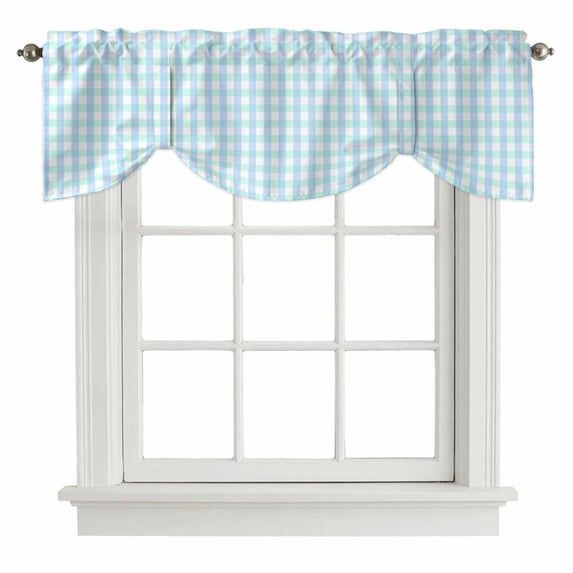 Aqua Blue Green Tie Up Valance Curtains for Windows, Kitchen Curtains Window Treatments, Checkered Plaid Gingham Lattice Trellis Short Window Shades Valances for Bedroom Bathroom Cafe 54"x18"