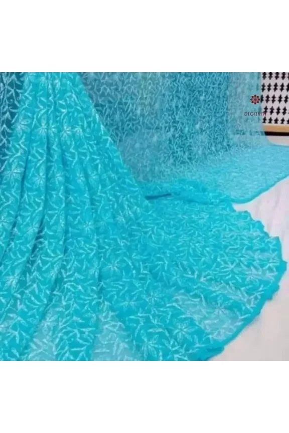 Aqua Blue Hand Embroidered Chikankari Saree