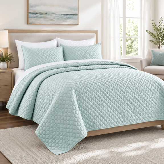 Aqua Blue King Size Lightweight Summer Quilt Set with Cloud Pattern, 3 Pieces