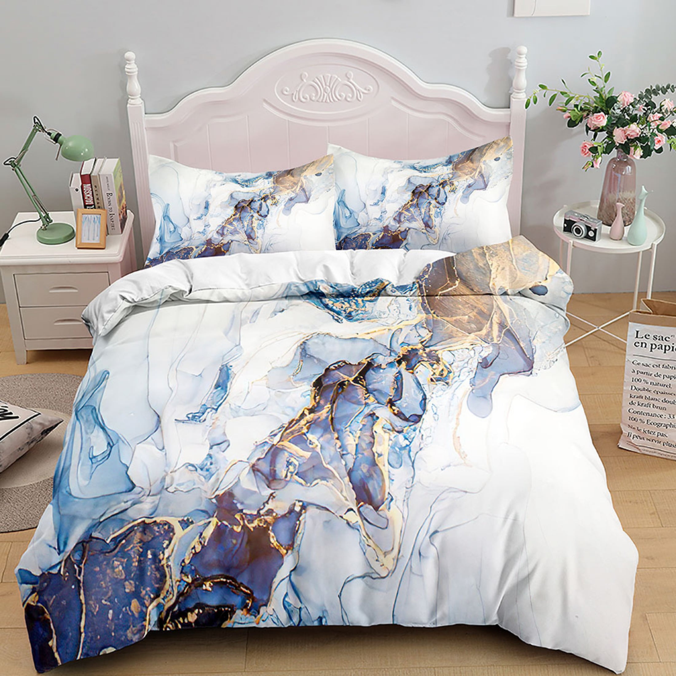 Aqua Blue Marble Bedding Set Queen Size Comforter Cover Sets for Girls ...