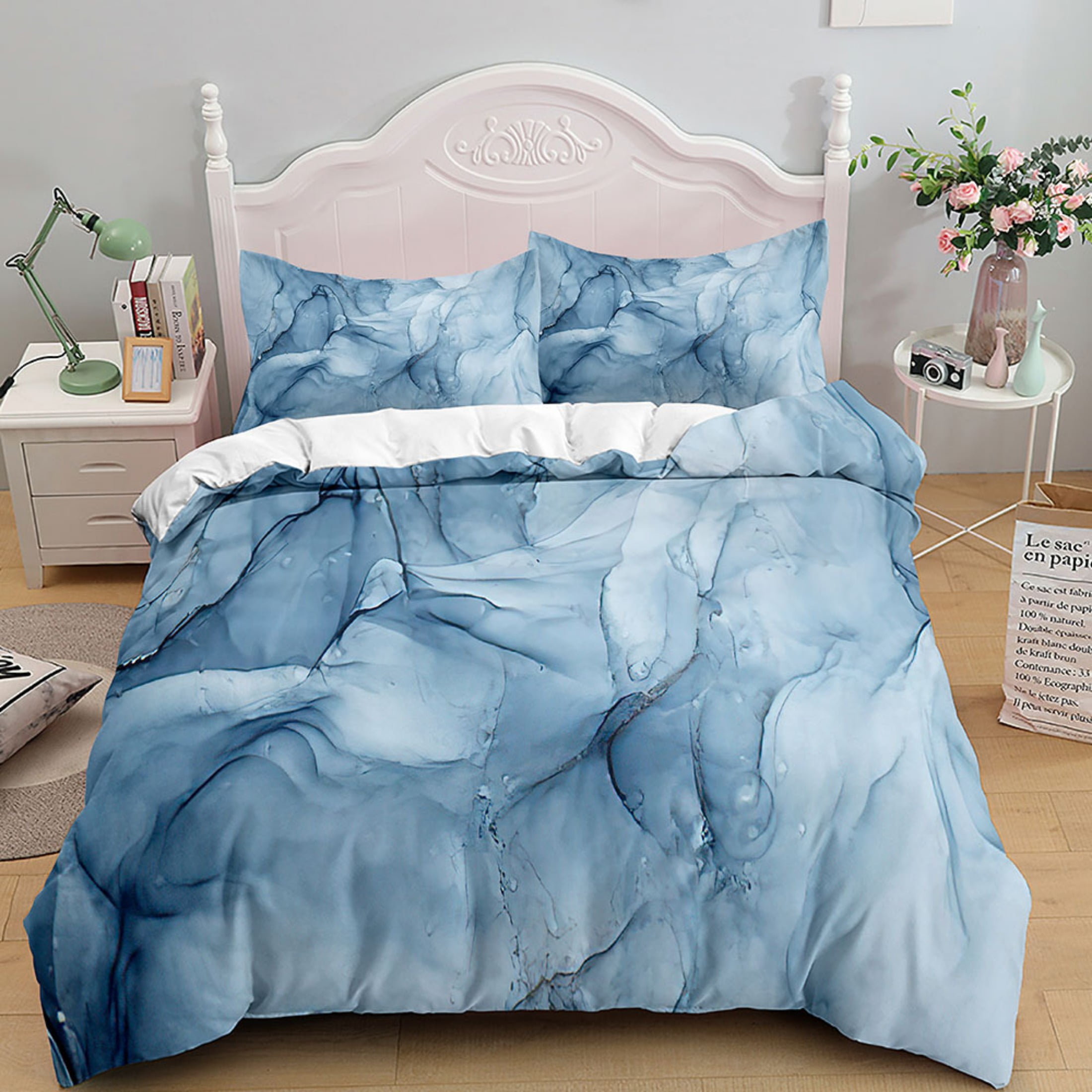 Aqua Blue Marble Bedding Set Queen Size Comforter Cover Sets for Girls ...